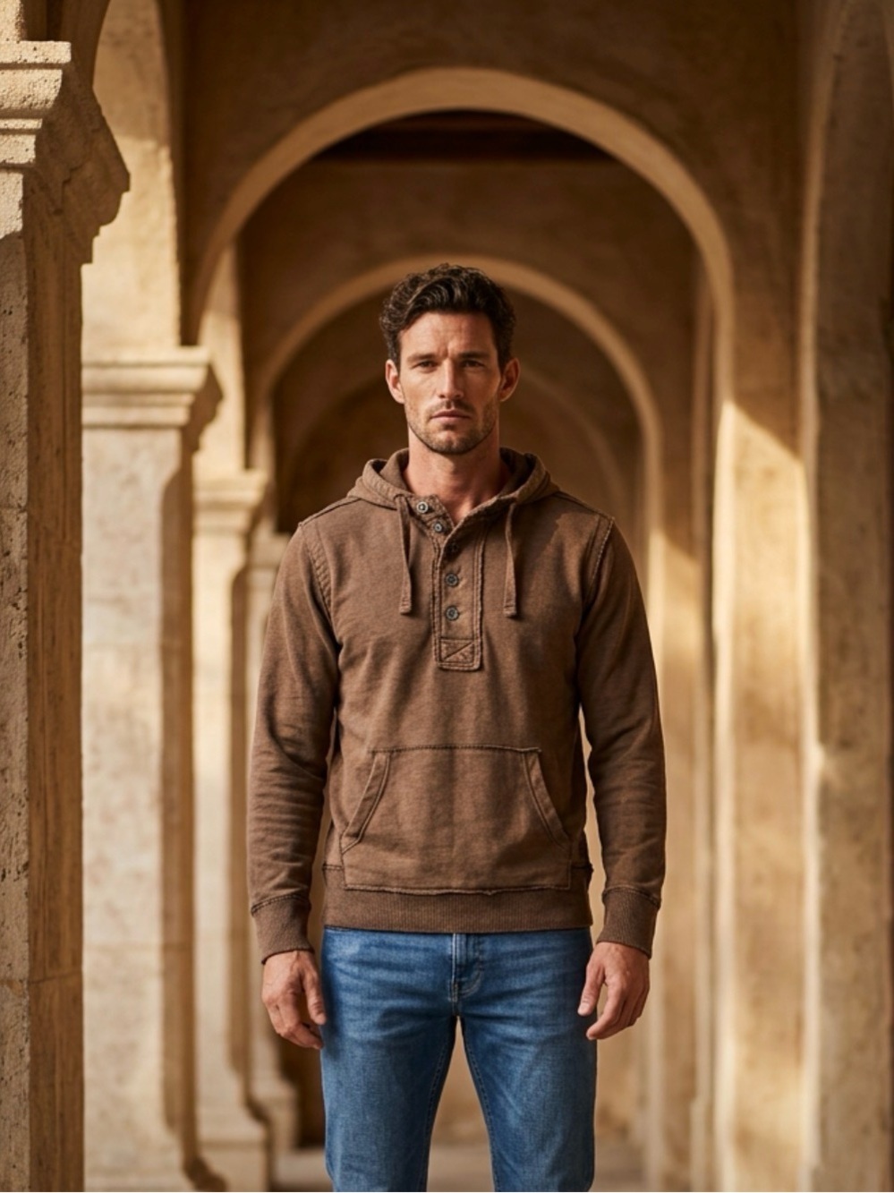 American Eagle Outfitters Brown Hooded Henley Sweatshirt b2
